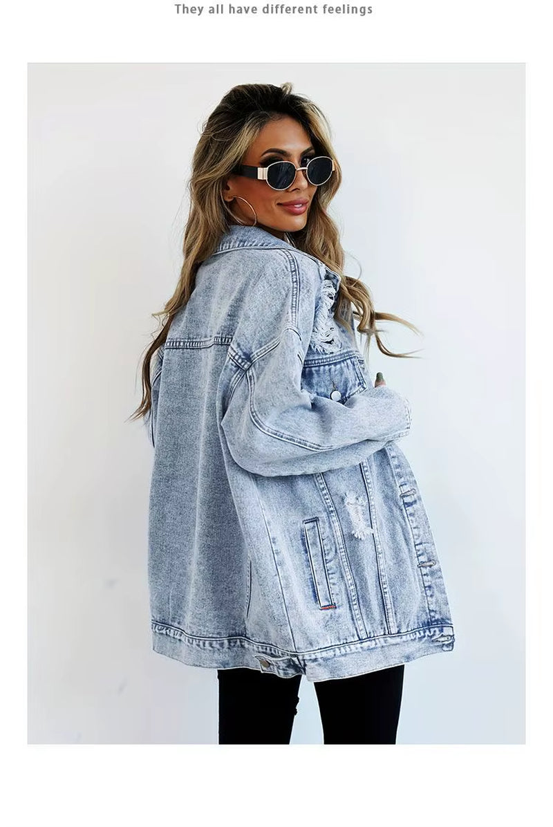 Stylish Women's Denim Jackets - Trendy Hole Design for Autumn & Winter Fashion