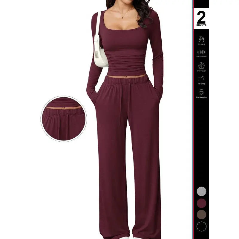 Chic and Comfortable 2-Piece Lounge Set Featuring Crop Top and Wide Leg Pants for Ultimate Relaxation