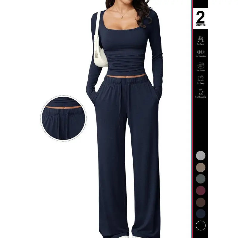 Chic and Comfortable 2-Piece Lounge Set Featuring Crop Top and Wide Leg Pants for Ultimate Relaxation