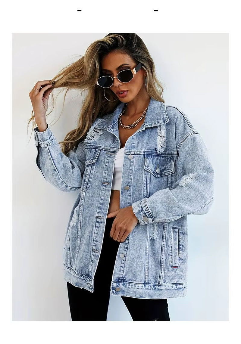 Stylish Women's Denim Jackets - Trendy Hole Design for Autumn & Winter Fashion