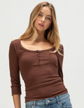 Chic RSQ Women's 3/4 Sleeve Henley Top for Elevated Style