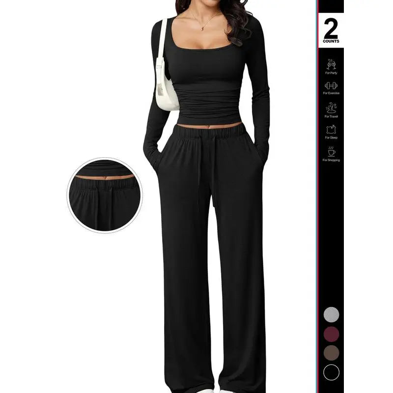 Chic and Comfortable 2-Piece Lounge Set Featuring Crop Top and Wide Leg Pants for Ultimate Relaxation