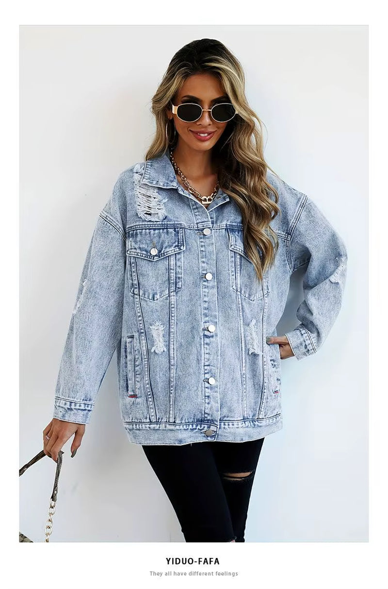 Stylish Women's Denim Jackets - Trendy Hole Design for Autumn & Winter Fashion