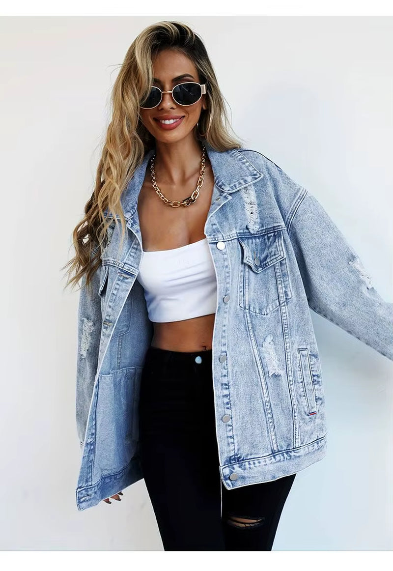 Stylish Women's Denim Jackets - Trendy Hole Design for Autumn & Winter Fashion