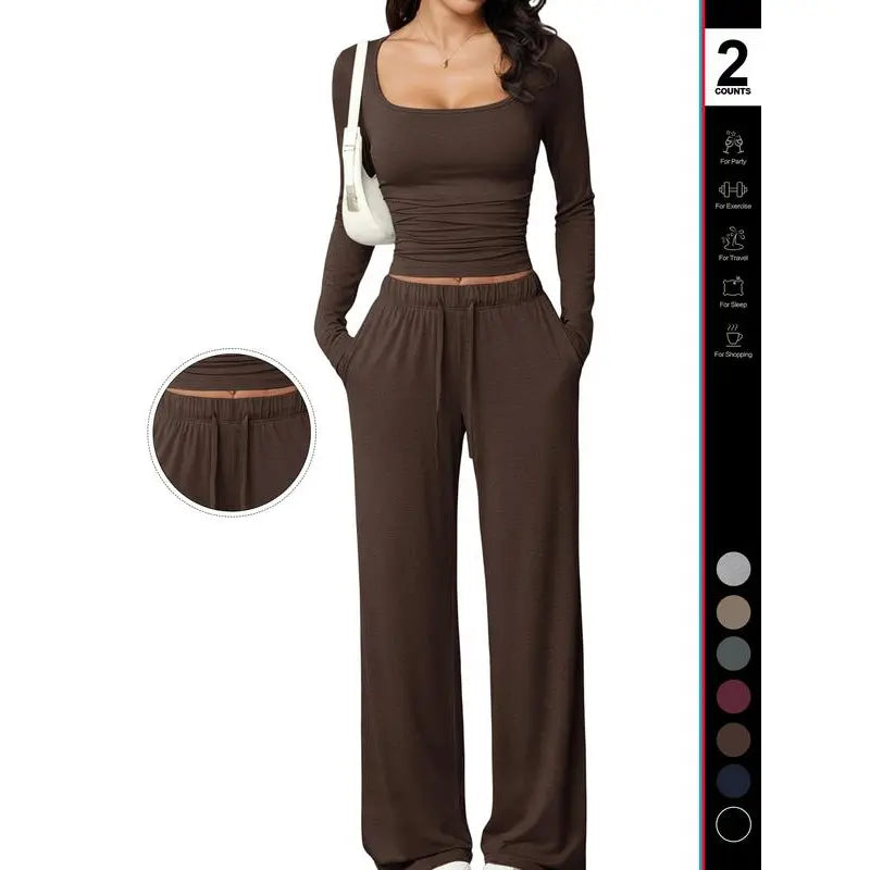 Chic and Comfortable 2-Piece Lounge Set Featuring Crop Top and Wide Leg Pants for Ultimate Relaxation