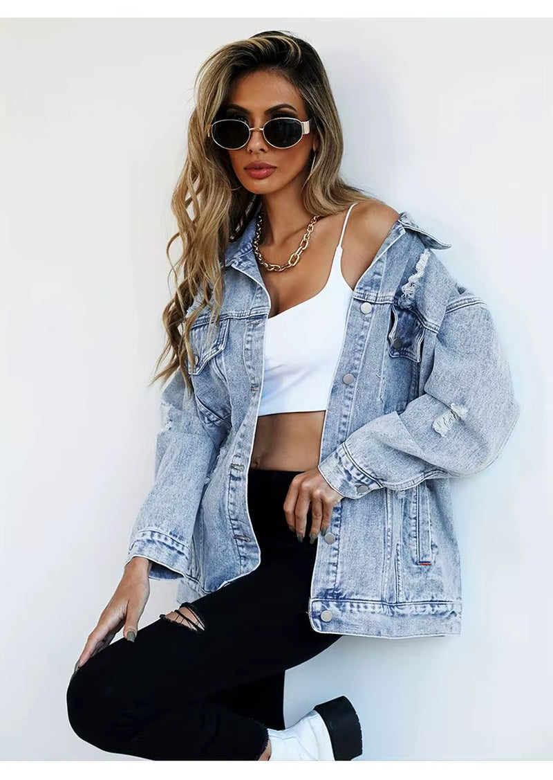 Stylish Women's Denim Jackets - Trendy Hole Design for Autumn & Winter Fashion