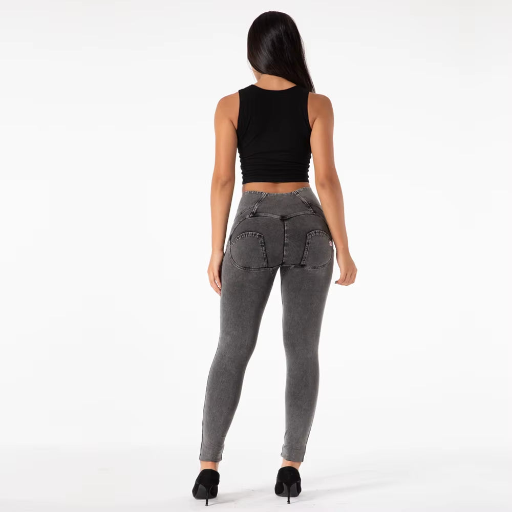 High Waist Grey Jeans Leggings for Women - Comfortable Elastic Fitness Pants