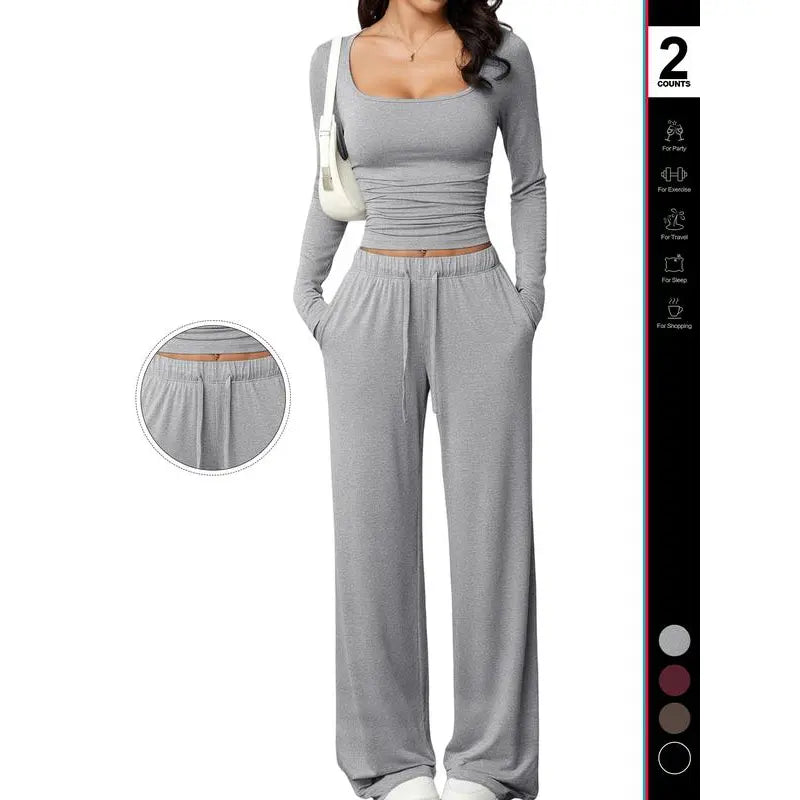 Chic and Comfortable 2-Piece Lounge Set Featuring Crop Top and Wide Leg Pants for Ultimate Relaxation