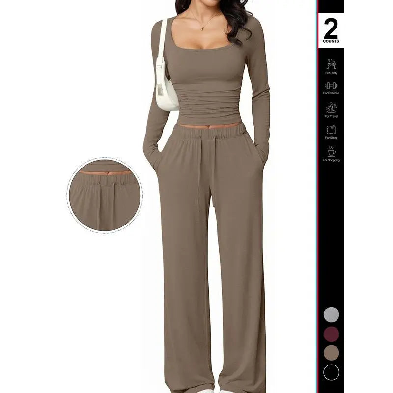 Chic and Comfortable 2-Piece Lounge Set Featuring Crop Top and Wide Leg Pants for Ultimate Relaxation